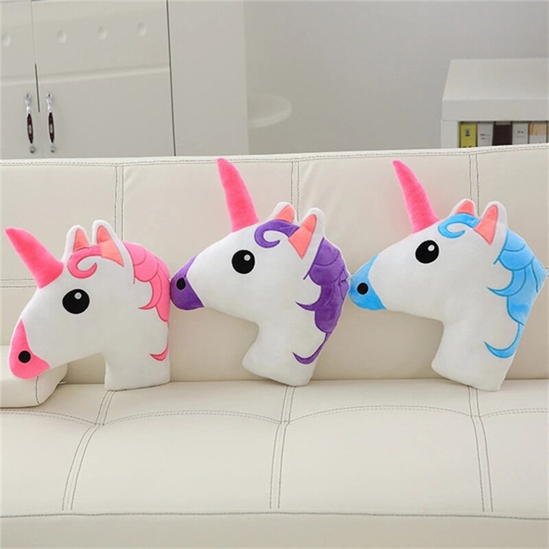 Adorable licorne tête en peluche oreiller flou doux en peluche Animal décor oreiller enfants lit lit jeter oreiller
