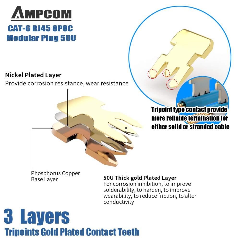 Ampcom suojattu  rj45 cat 6 liitin modulaarinen pistokeliitin 8 p 8c puristuspää ethernet-kaapeli ethernet-liitin kullattu 50u