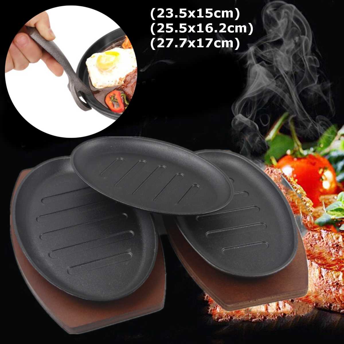 Cast Iron Steak Fajita Sizzling Platter Plate BBQ Grill Pan Cooking Wooden Holder