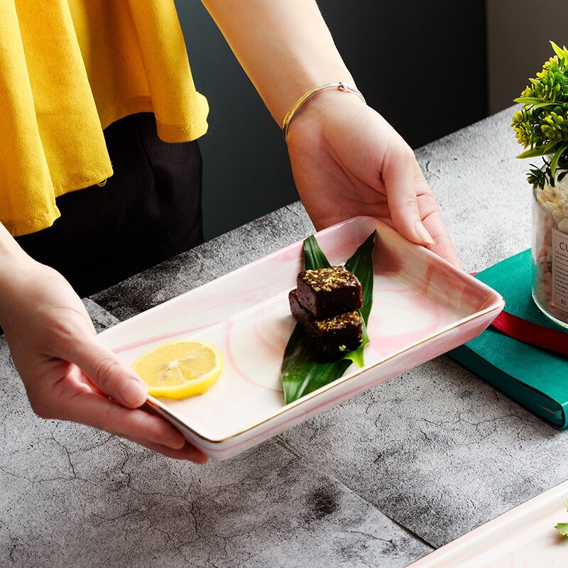 Nordic Marble Pattern Ceramic Storage Plate Kitchen Food Display Tray Rectangular Desktop Organizer