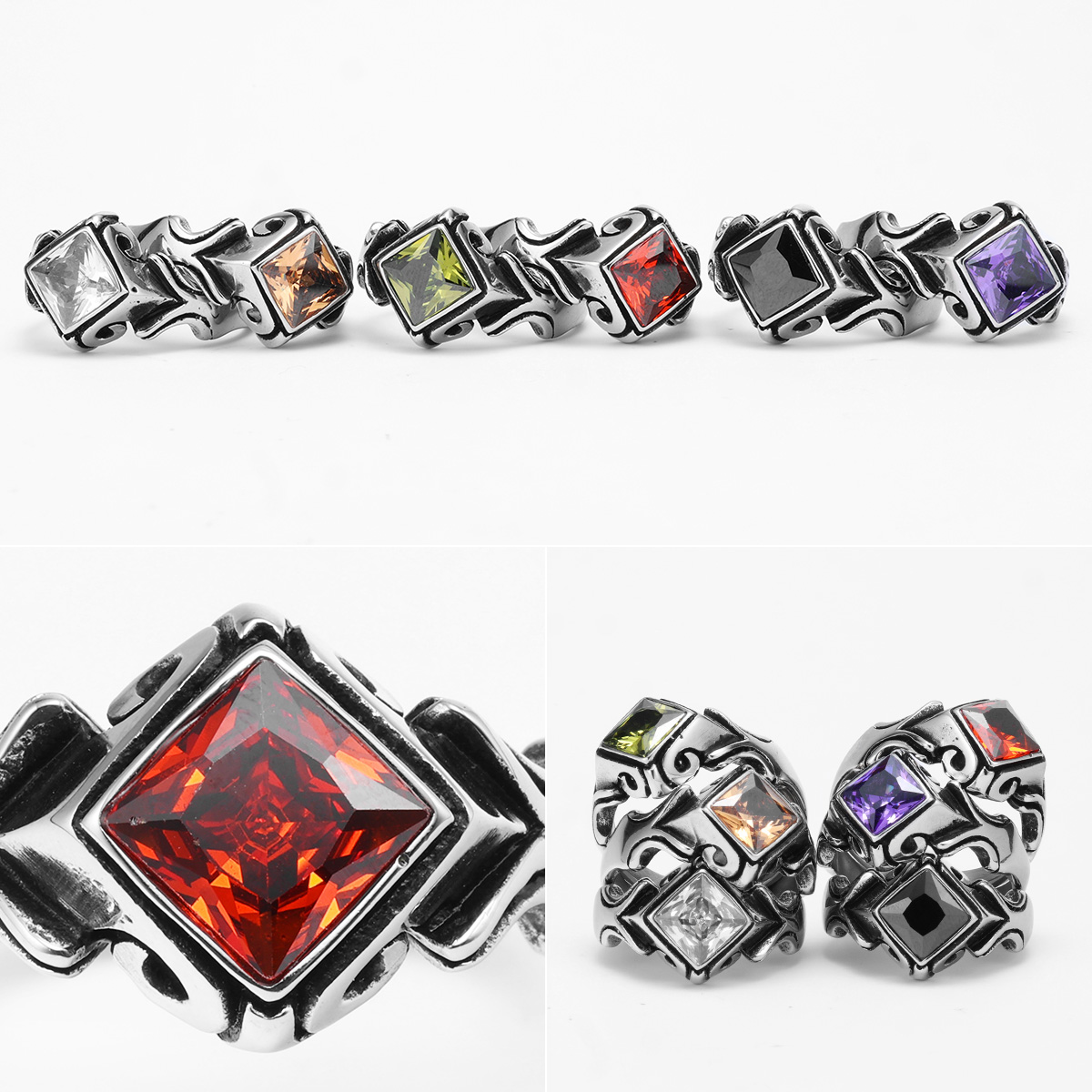 Bagues en acier inoxydable avec pierres précieuses multi-documents pour hommes et femmes, bijoux uniques, luxe, punk, accessoires, , ,