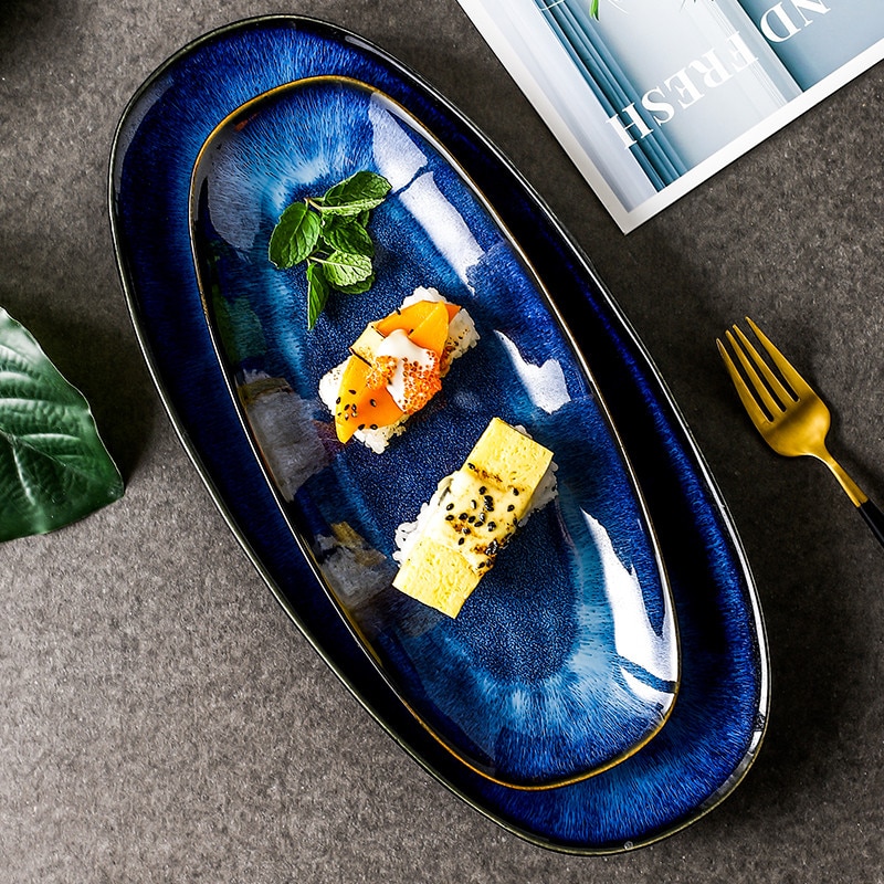 Japanse Stijl Oven Geglazuurde Cat Eye Blauwe Vis Plaat Dessert Steak Plaat Grote Lange Onder Geglazuurd Sushi Plaat Servies