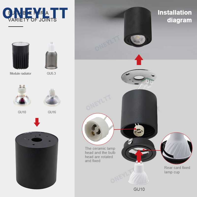 Spotlight  gu10 -armatur rund led-påbygget loftspotlight  gu 10 halogenpære cylinderformet nedadrettet lampearmatur 220v