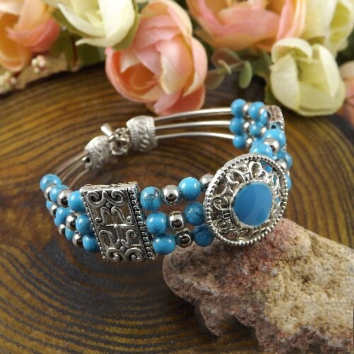 Vintage Bohemia Bracelet Red /Blue/ Black Stone Round Beads Bangle Carving Charm Bracelet A200G