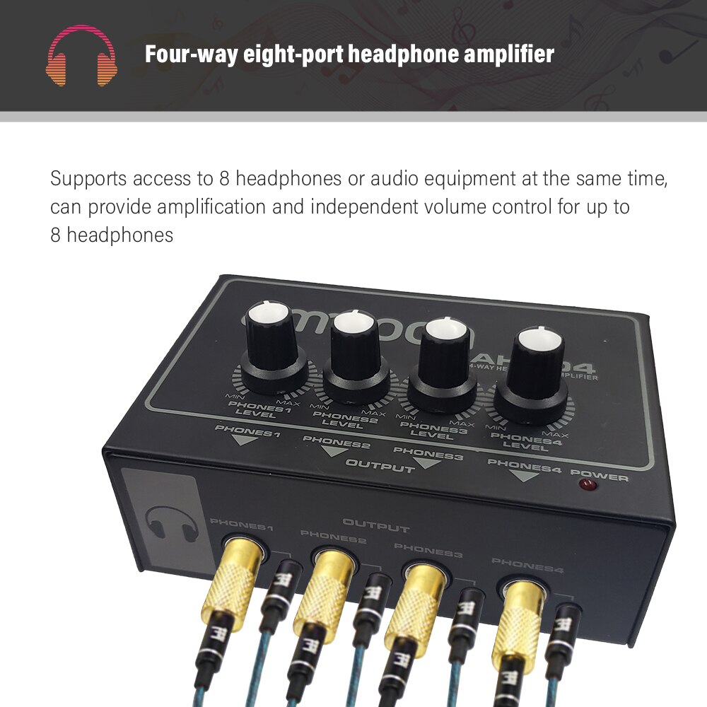 ammoon Headphone Amplifier Amp AHA04 Portable 4-Way with 1/4 inch & 1/8 inch Inputs Outputs RCA Stereo Input Volume Control