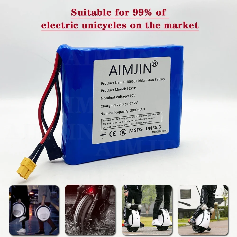 2024 Bestselling 16s1p 60v Xt60 132wh Lithium Ion Rechargeable Battery 3000mah Used for Electric Unicycle Electric Scooter