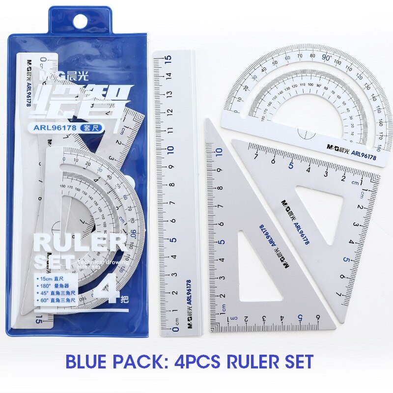 M&G Aluminium Metal Geometry Ruler Set Maths pencil stationery triangular Rulers Protractor Students for School Office Supplies: Set 1 Blue
