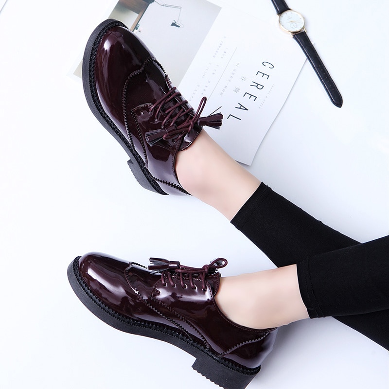 Kvinner vår høst fritidssko for flat frynser rund tå oxford kvinnelig retro svart plattform oxford sko for kvinner sko  c0-43