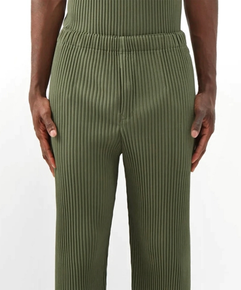 Miyake plissé pantalon droit hommes vêtements noir crayon pantacourt vêtements de rue hommes Style japonais cheville longueur pantalon: S / vert militaire