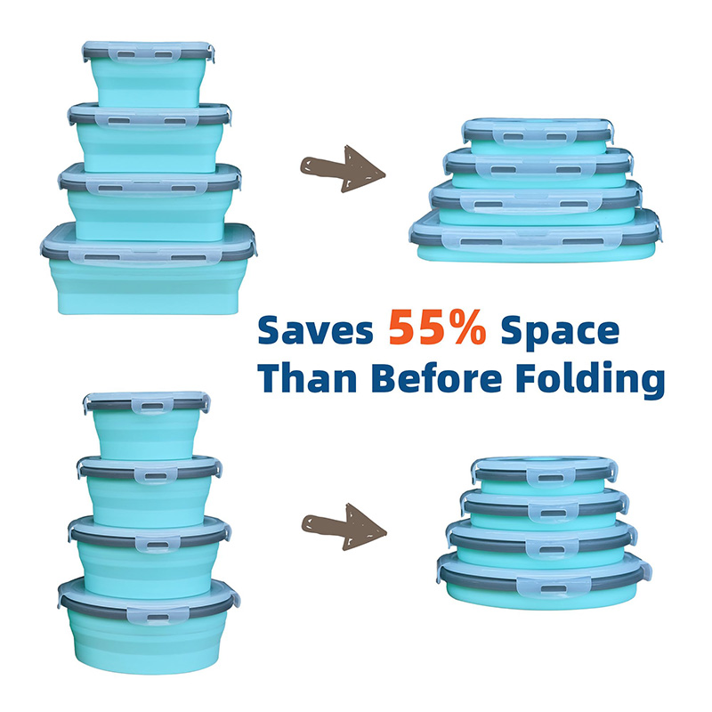 Recipientes redondos plegables de silicona con tapa aptos para congelador y lavavajillas Fiambrera rectangular plegable para camping
