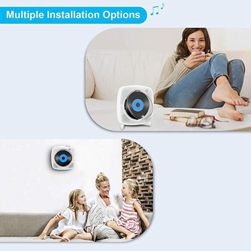 Portable CD Player Wall Mountable DVD Player FM Radio with Bluetooth and Remote Control Built-in HiFi Speakers (EU Plug)