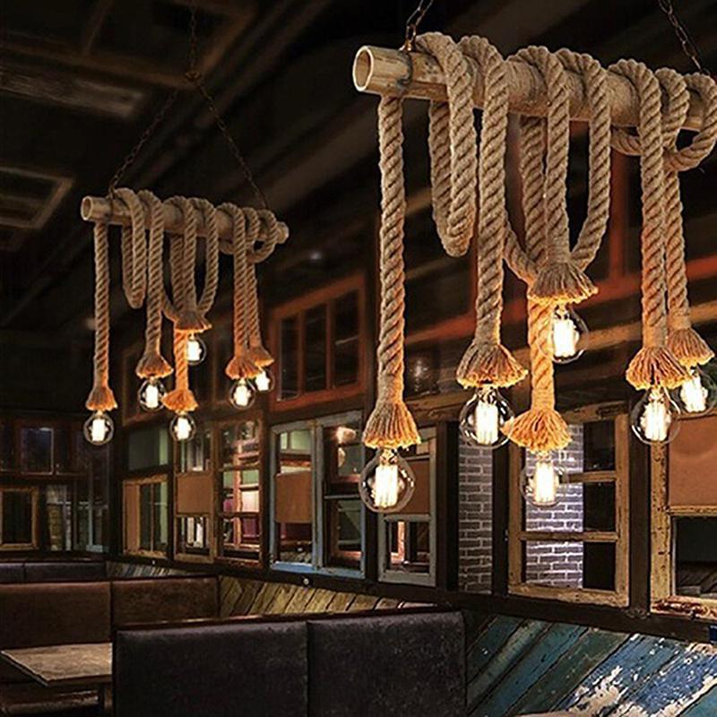 SOLLED Vintage Rustic Hemp Rope Ceiling Chandelier Wiring E27 220V Pendant Lamp Hanging Lights for Living Room Bar Decor