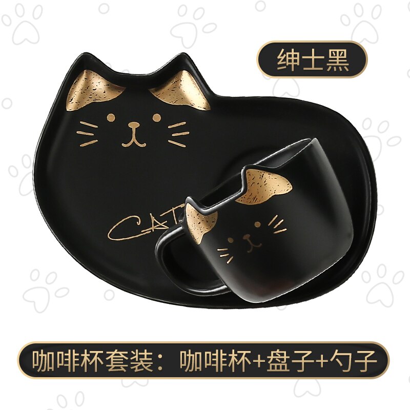 Cartoon Ceramics Cat Mug Set with Saucers Spoon 200Ml Coffee Milk Mugs Cute Breakfast Drinkware Birthday Porcelain: Black