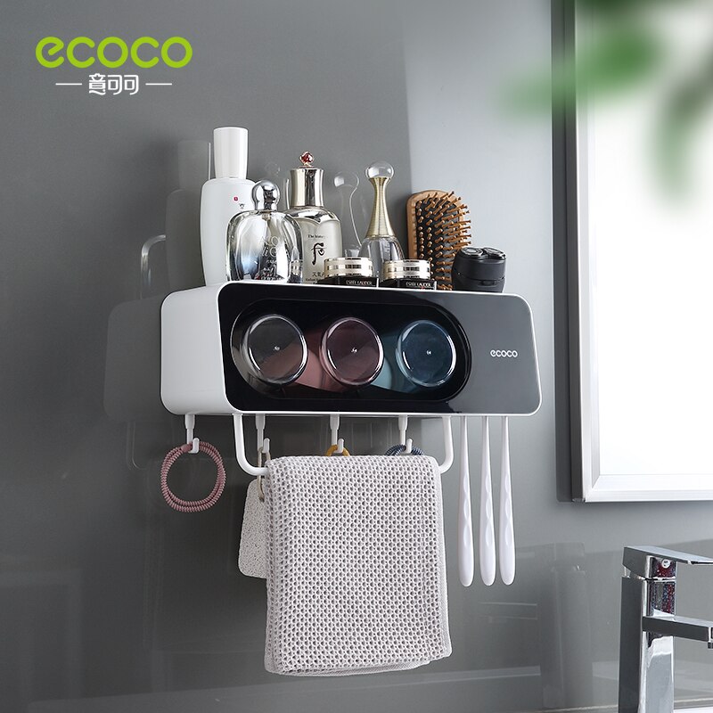 ECOCO Multifunctional Toothbrush Holder Towel Bar Free Punching Automatic Toothpaste Dispenser Squeezer Bathroom oom Accessories: 3 Cup Black