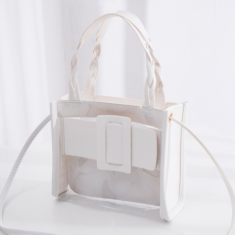 Bolso de hombro de estilo coreano para mujer, bolsa de mano transparente, tejido con solapa, Blanco, Negro, Rosa, Top-hand, novedad de verano: Blanco