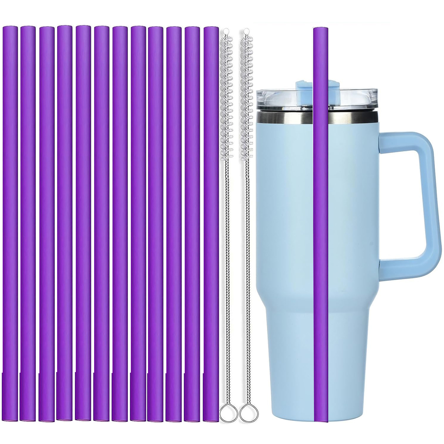 12Pcs Color Replacement Straws for Stanley 30/40 oz Tumbler , 12 in Long Reusable Plastic Straws for Stanley Cup, Plus 2 Brush: Brown