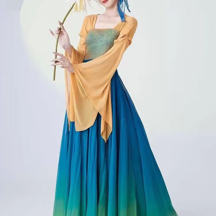 Hanfu-falda larga fluida de 720 grados para mujer, traje de entrenamiento para bailar, pantalones de gasa de pierna ancha, disfraz clásico degradado verde y amarillo