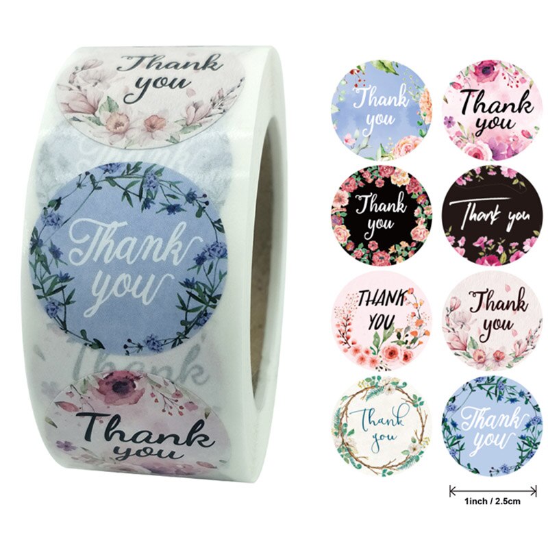 Étiquettes autocollantes merci, autocollant rond Floral, multicolore, 8 Styles, papeterie faite à la main, 100 à 500 pièces/rouleau