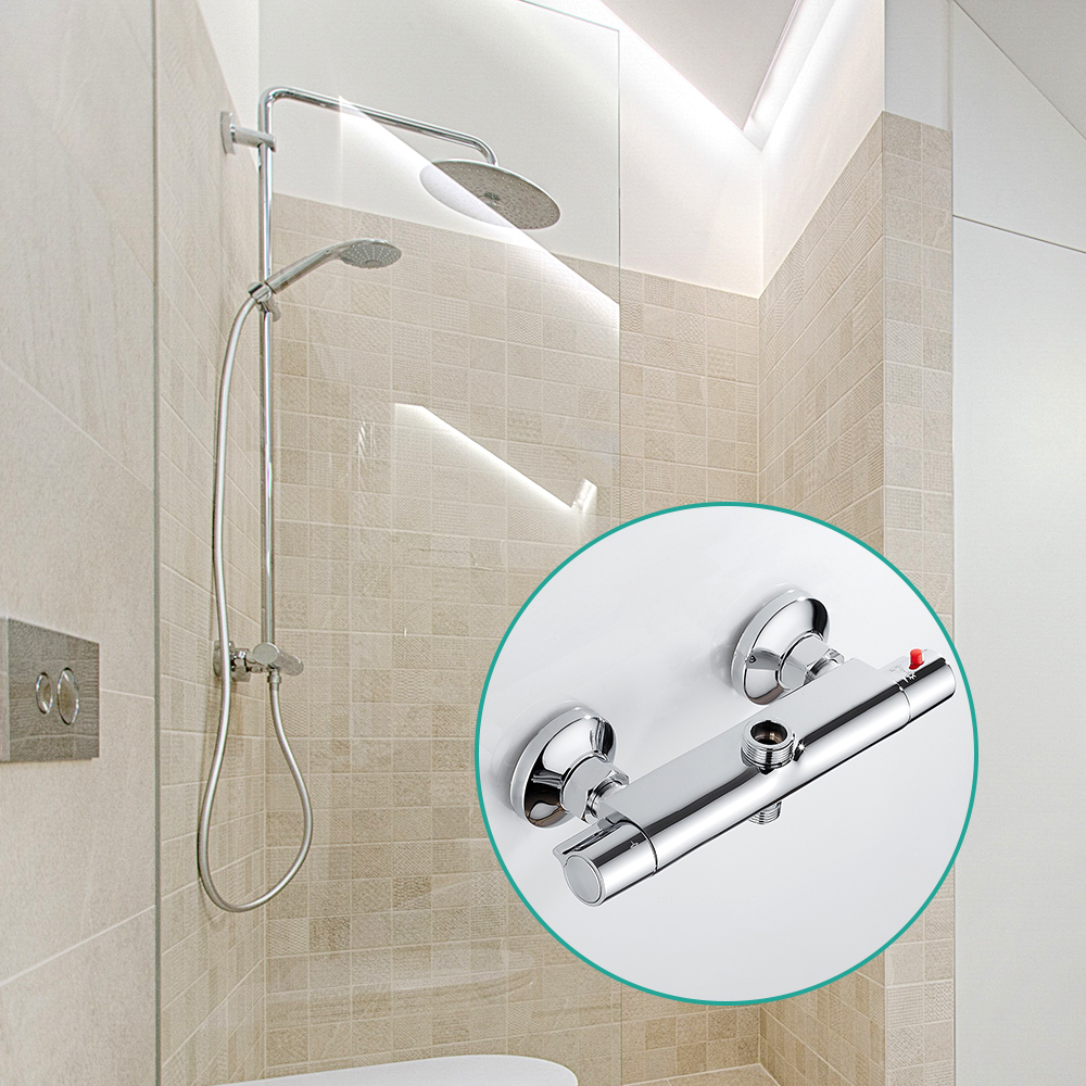 Grifo de ducha de baño, grifos termostáticos, válvula mezcladora montada en la pared, Control de temperatura, ducha de lluvia, salida doble cromada para baño