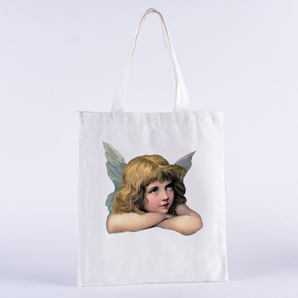 YOU CAN'T SIT WITH US Vintage Harajuku Angel Female College Canvas Shoulder Bag Casual Large Capacity White Totes: B0099-TBWH-M