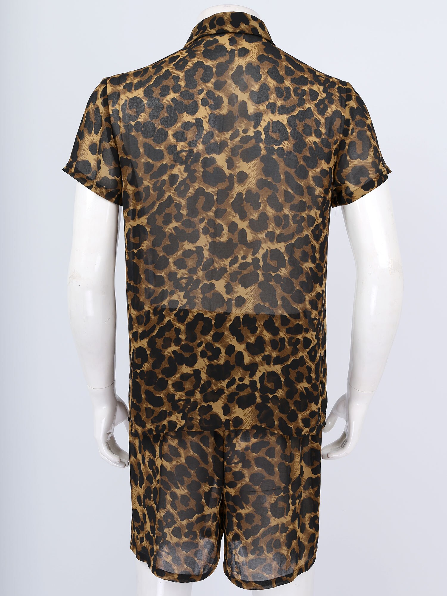 Ensemble pyjama en mousseline de soie pour homme, tenue deux pièces à la , imprimé léopard, Streetwear de plage, col rabattu, chemise avec short