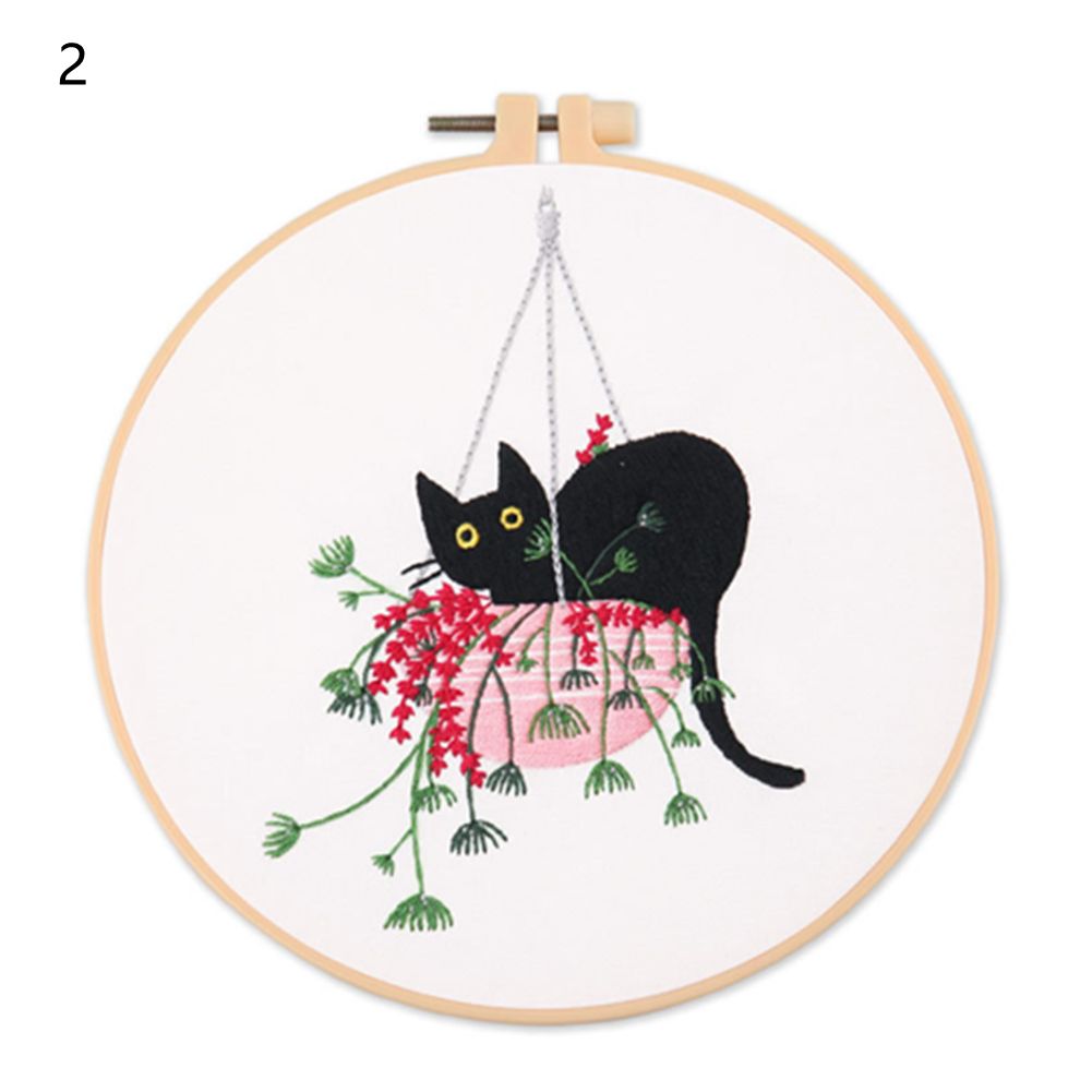 Kit de broderie motif chat noir fleur, outils de couture imprimés, Kit de couture artisanale pour débutant, broderie ronde, point de croix: 2