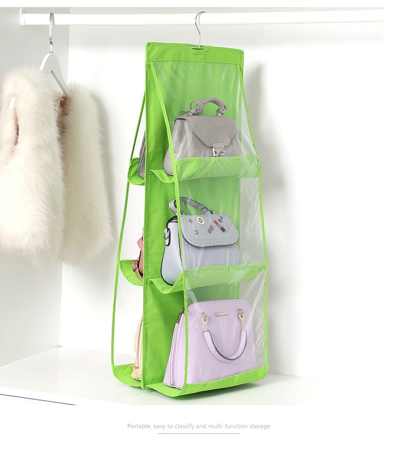 6 Pocket Folding Hanging Handbag Purse Storage Large Clear Holder Anti-dust Organizer Rack Hook Hanger Rack Bag: Green