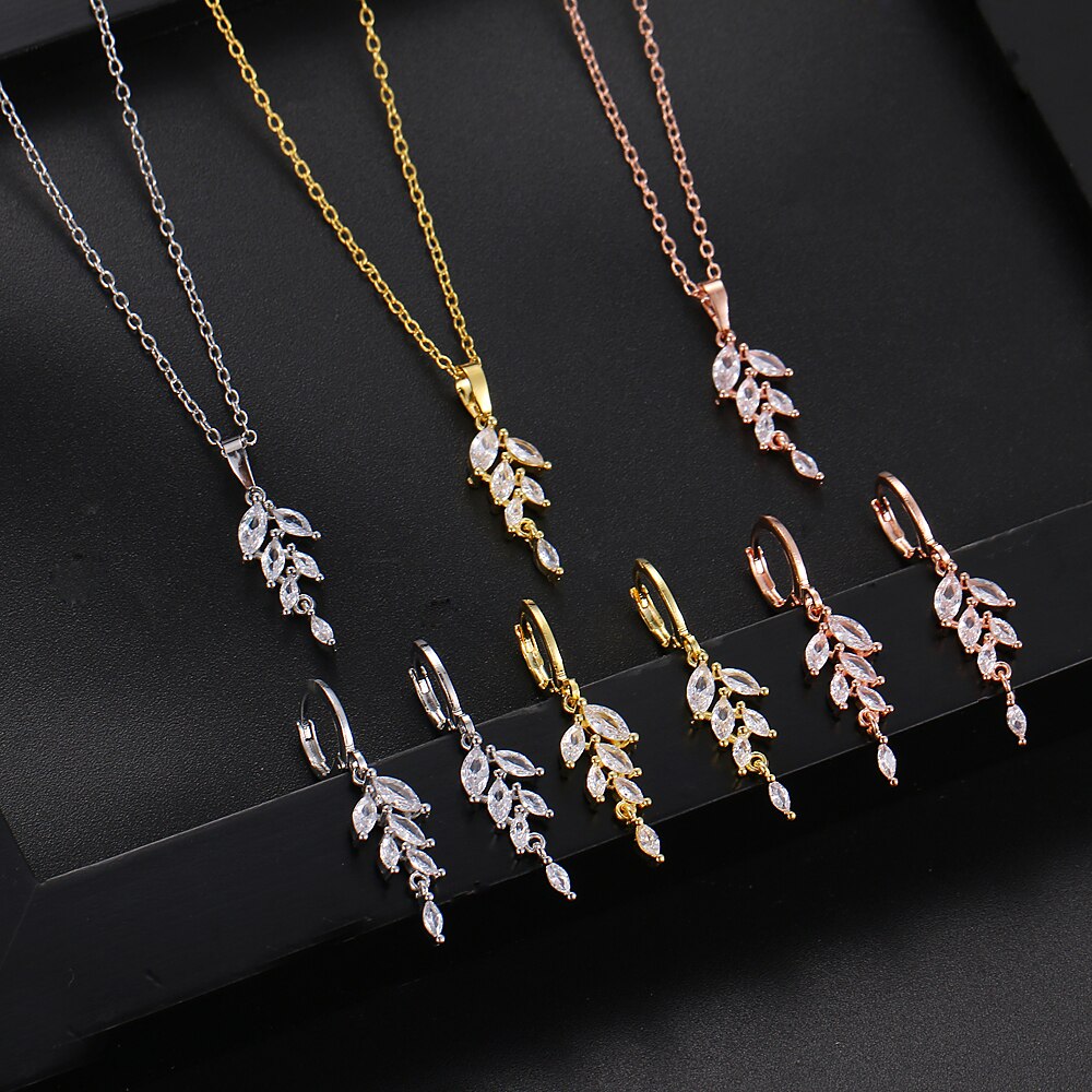 Zirconia Leaf Oorbellen Ketting Sets Voor Vrouwen Elegante Bruids Bruiloft Sieraden Set Huwelijksgeschenken