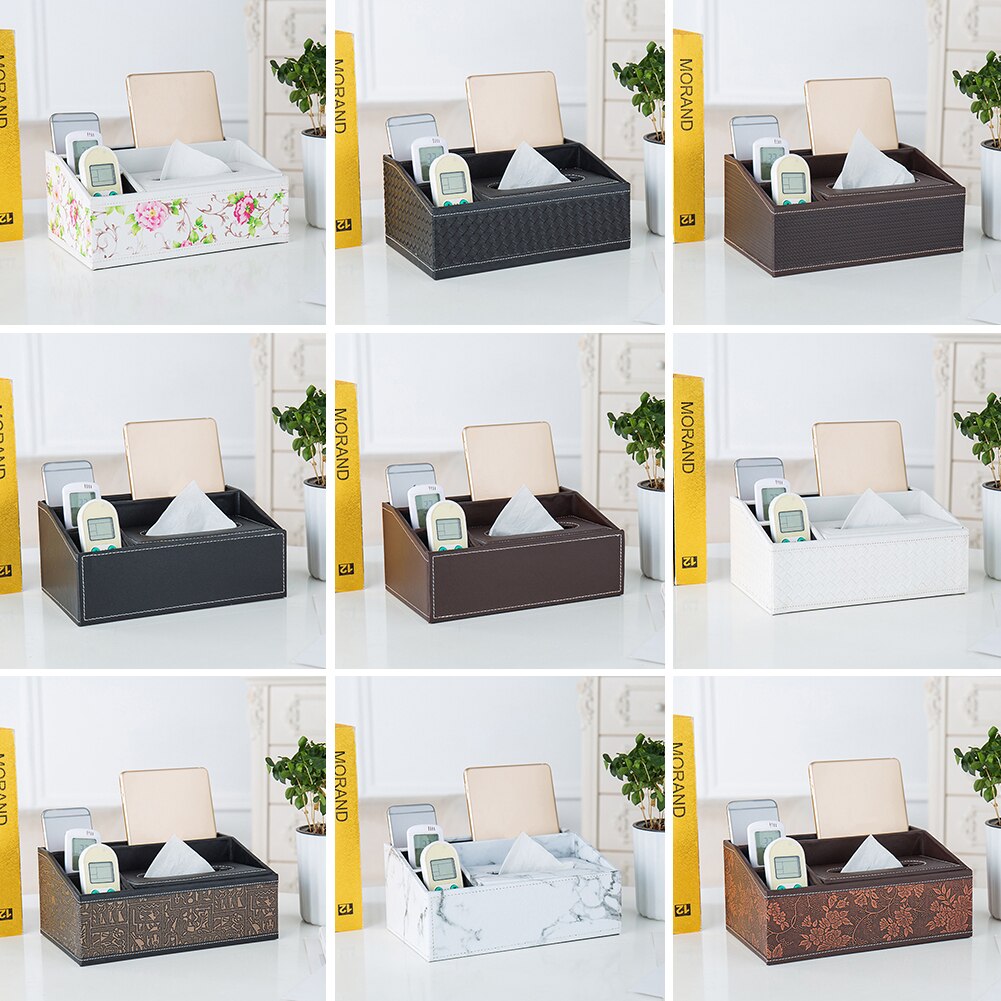 Partitioned Faux Leather Tissue Box Home Desk Table Remote Control Phone Tissue Paper Napkin Storage Box Holder Organizer