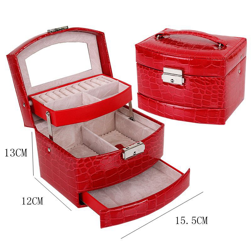 Automatische Lederen Sieraden Doos Drie-Layer Opbergdoos Voor Vrouwen Oorbel Ring Cosmetische Organisator Kist Voor Decoraties (Rood)