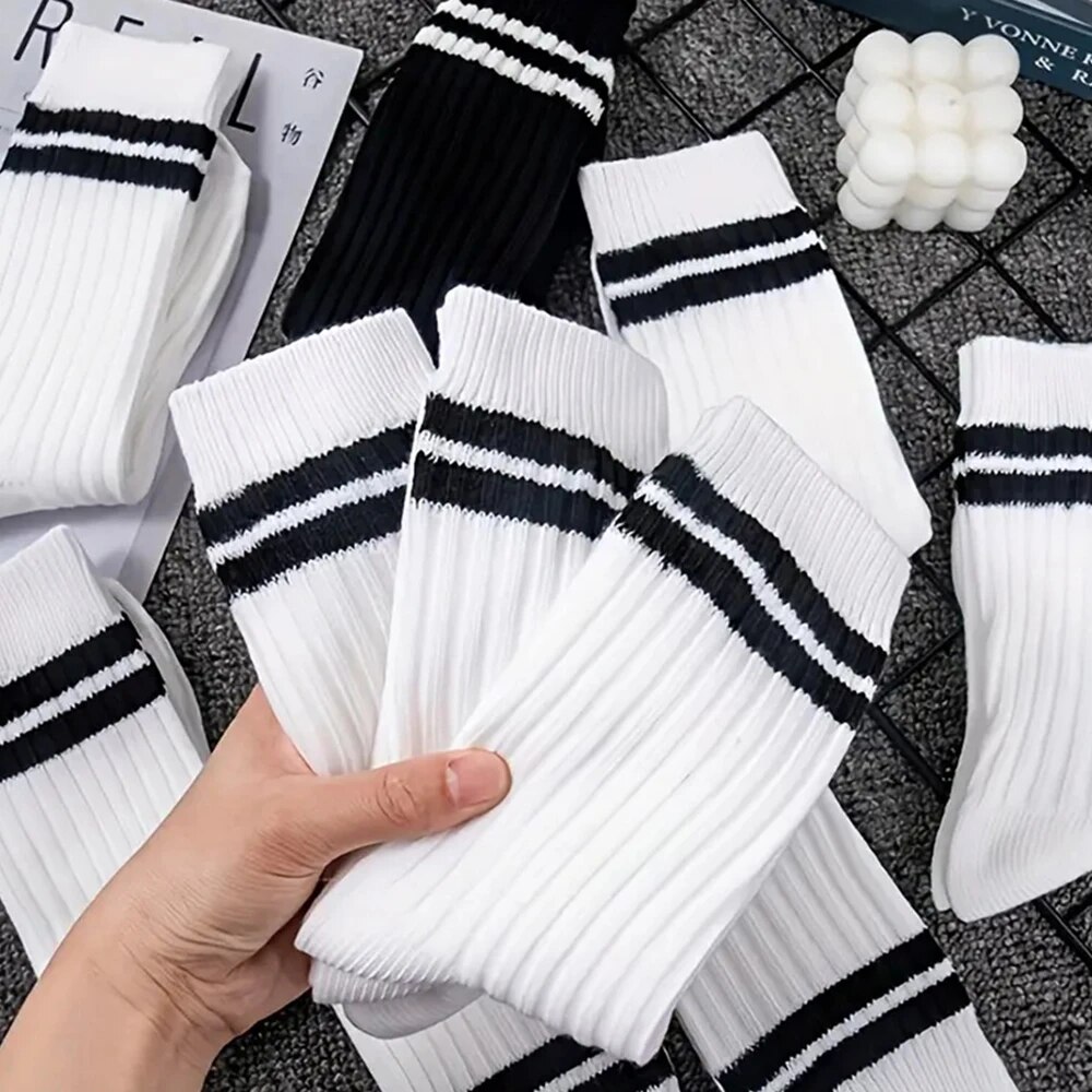 6/10/15/20 Pairs Men Socks Spring Autumn Casual Black White Striped Socks Breathable Mid Tube Sock High Round Neck Socks