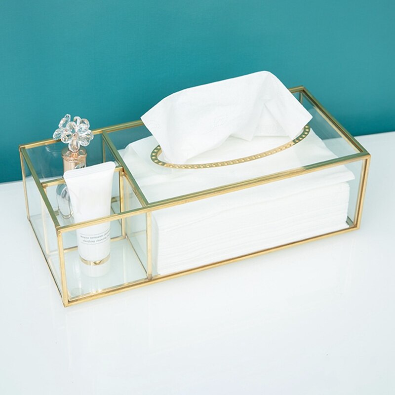 Gold Tissue Box Rectangular Clear Glass Paper Tissue Box for Home Tissue Dispenser Geometric Glass Tissue Box