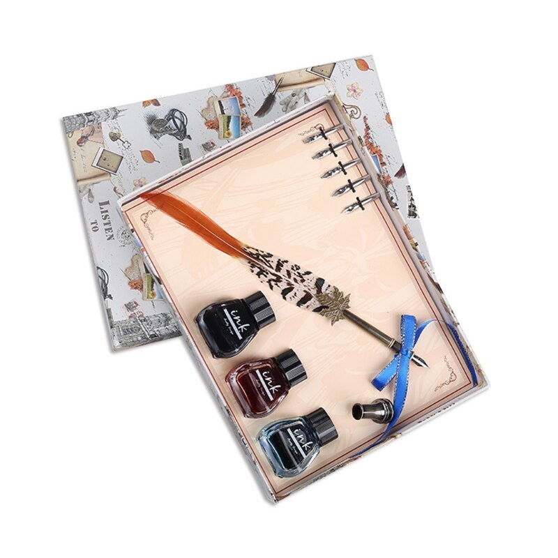 Calligraphy Set Antique Brass Holder 3 Ink Bottle for Beginner Students or Commerce Site 40JB