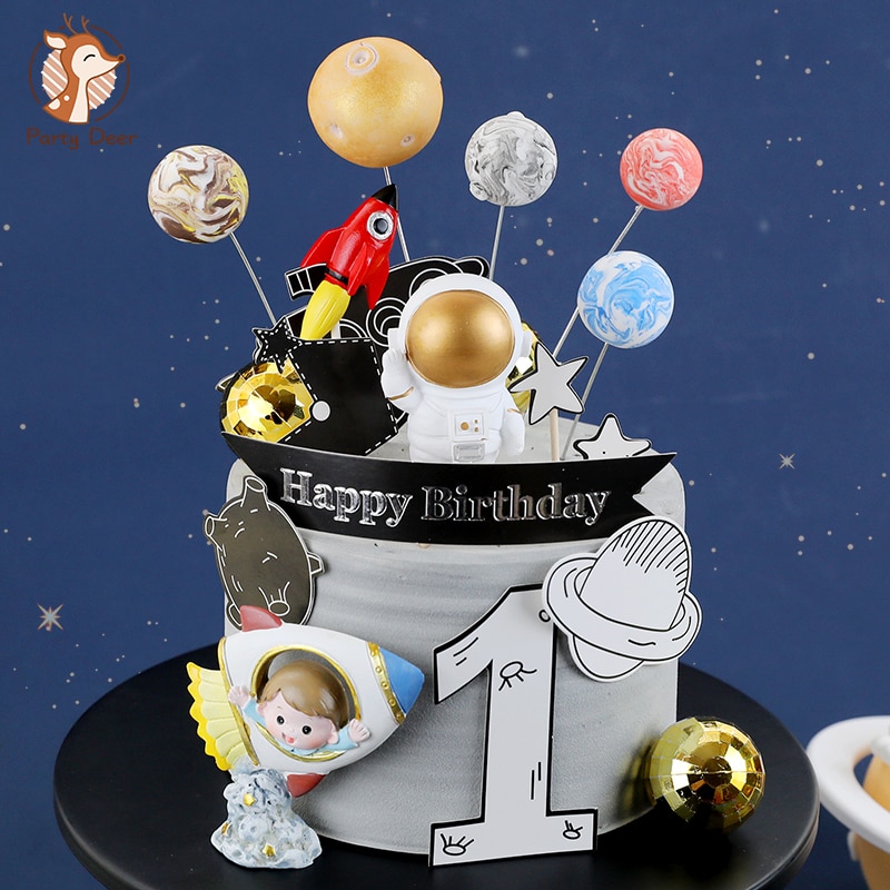 Universe Stars Rocket Astronaut Maan Gelukkige Verjaardag Brief Decoratie Cake Topper Dessert Voor Kinderen Dag Mooie