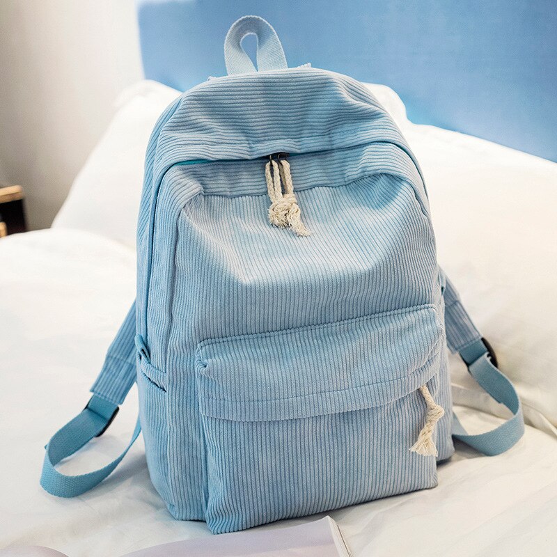 College Stijl Zachte Stof Rugzak Schooltas Vrouwelijke Corduroy School Rugzak Voor Tiener Meisjes Gestreepte Rugzak Vrouwen: blue