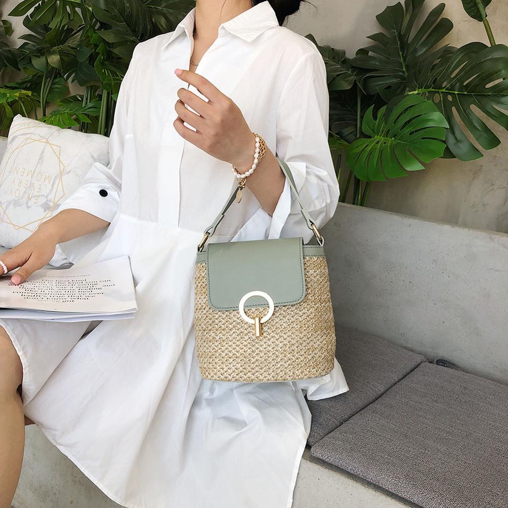 Women Straw Weave Shoulder Bags for Women Summer Bucket Handbags Summer Beach Totes Travel Shoulder chain Bags