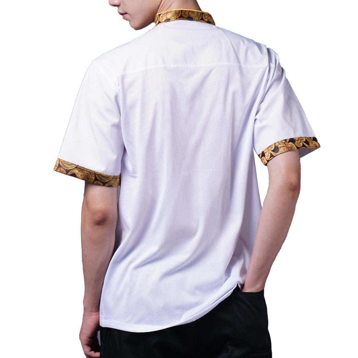 Chef Jacket Men Chef Coat Flower Print Collar Short Sleeve Chef Uniform Double Breasted Restaurant Kitchen Working Jacket