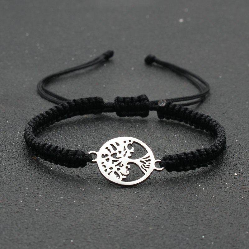 Pulsera de cuerda hecha a mano para hombre y mujer, brazalete de acero inoxidable con colgante de árbol de la vida, ajustable, para pareja: Black