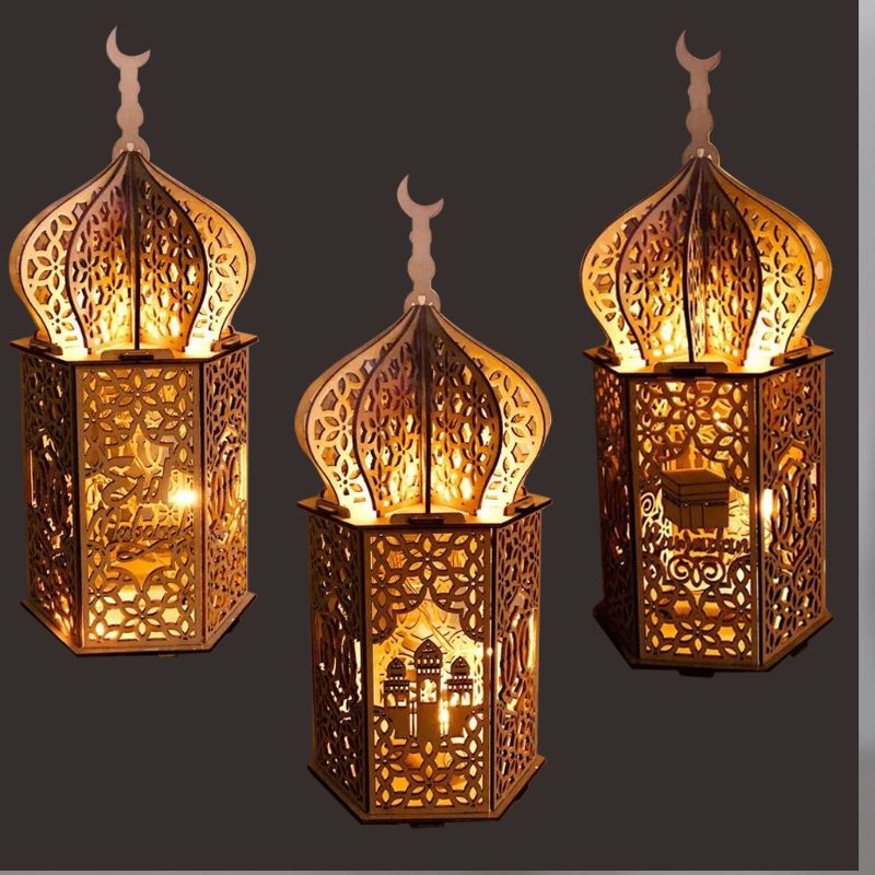 Fête musulmane lumière Ramadan Eid moubarak décorations en bois lampe à LED palais phare Islam fête fournitures