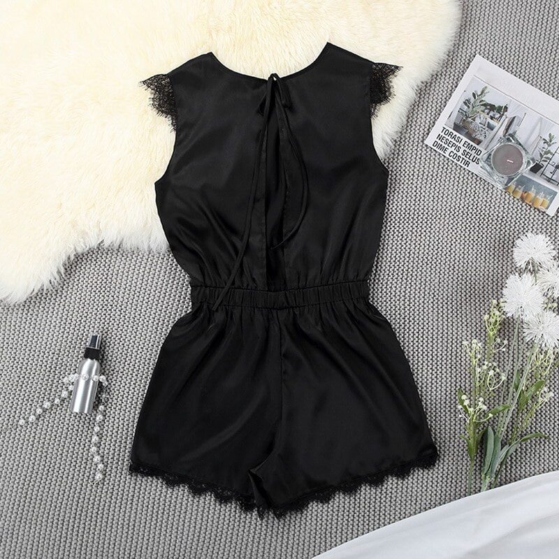 Pijama de satén para mujer, conjunto de Bata, mono calado con lazo,