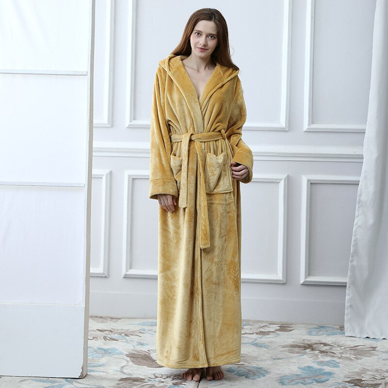 Extreme Lange Winter Vrouwen Badjas Warme Fluwelen Kimono Kamerjas Hooded Nachtjapon Nachtkleding Peignoir Bruidsmeisje Badjassen: Yellow / XL