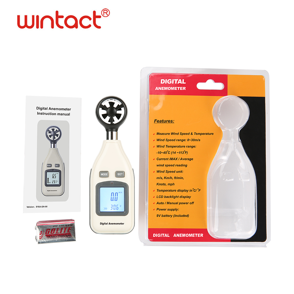 Digital Air Wind Meter Anemometer, Handheld Thermometer Tester, temperatuur En Gevoelstemperatuur Met Backlight En Max/Min