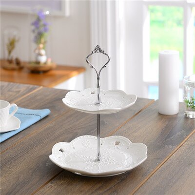 Ronde witte reliëf keramische fruitschaal europese drielaagse snackschaal taartschaal woonkamer snoepschaal plank: 15-20cm b1