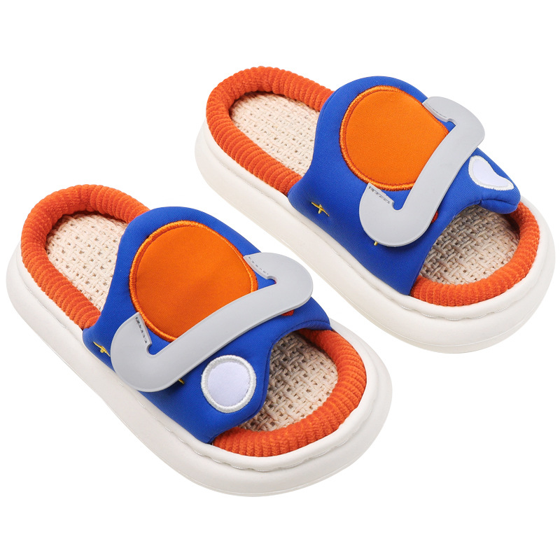 Pantoufles planète en lin à semelle intérieure pour garçons, pantoufles d'été à la pour enfants avec fond souple de dessin animé, 3 couleurs: Bleu / 32-33 Insole  20cm