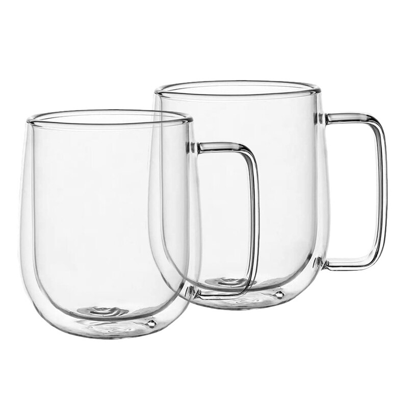 Dubbelwandige glazen koffiemokken theekopjes set  of 2,  thermisch geïsoleerd en geen condensatie met brede handgreep  (300ml): Default Title
