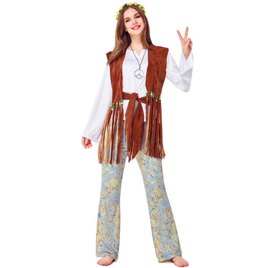 Dame herre hippie kostume amerikanske indfødte kostumer 60s 70s retro fest scenetøj tøj til høne fest par kostumer: Kvinder / M