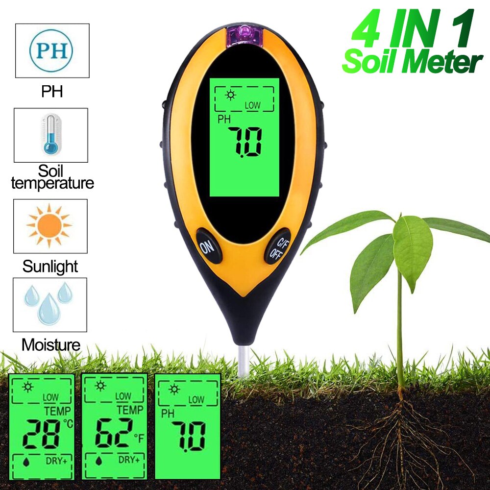 4 In1 Digital Soil Ph Tester Moisture Monitor Soil Ph Meter Temperature Sunlight Intensity Measurement Analysis Acidity Alkali