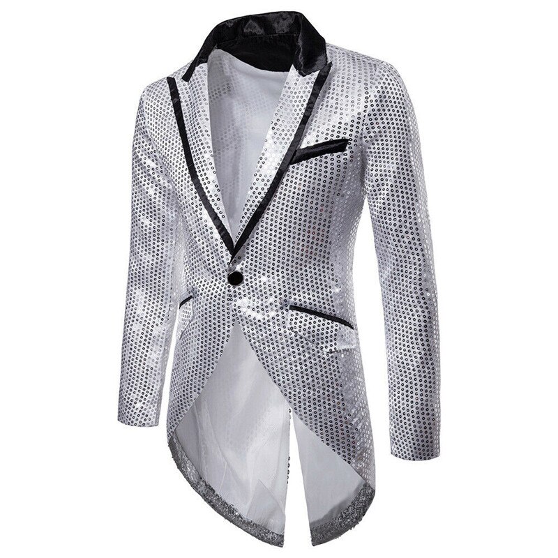 Lyxigt bröllop brudgum märke män paljett slimmad kavaj frack scen balklänning kostym kostymer brudgum blazer: Silver- / M