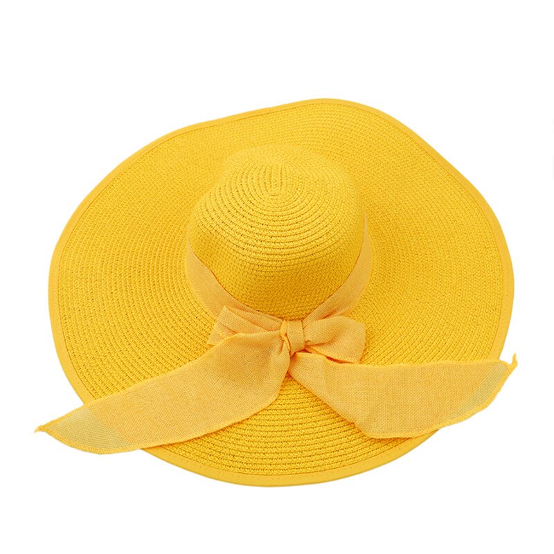 Vrouwen Brede Rand Hoeden Floppy Strand Boog Hoeden Strand Vrouwen Hoeden Uv-bescherming Zomer Grote Rand Hoeden: yellow