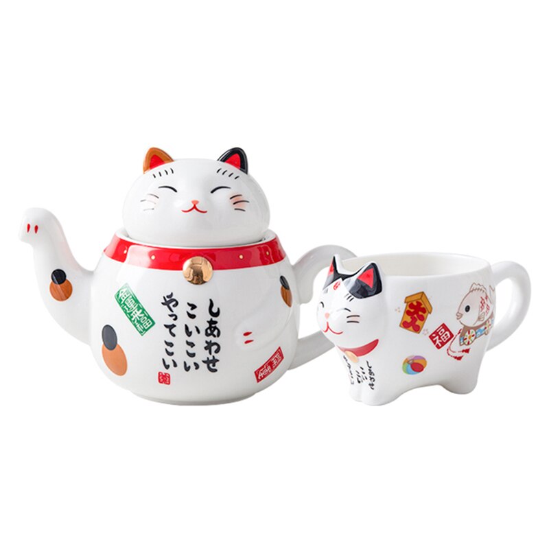 Cute Lucky Cat Porcelain Tea Set Cartoon Ceramic Tea Cup Pot with Strainer Lovely Plutus Cat Teapot Mug Teaware: 1pot and 1cup